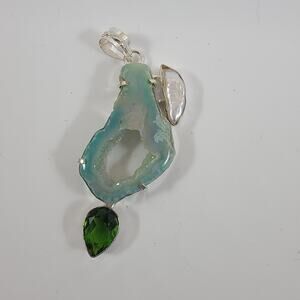 Handmade Silver Pendant with Green Druzy Agate, Pearl & Chrome Diopside